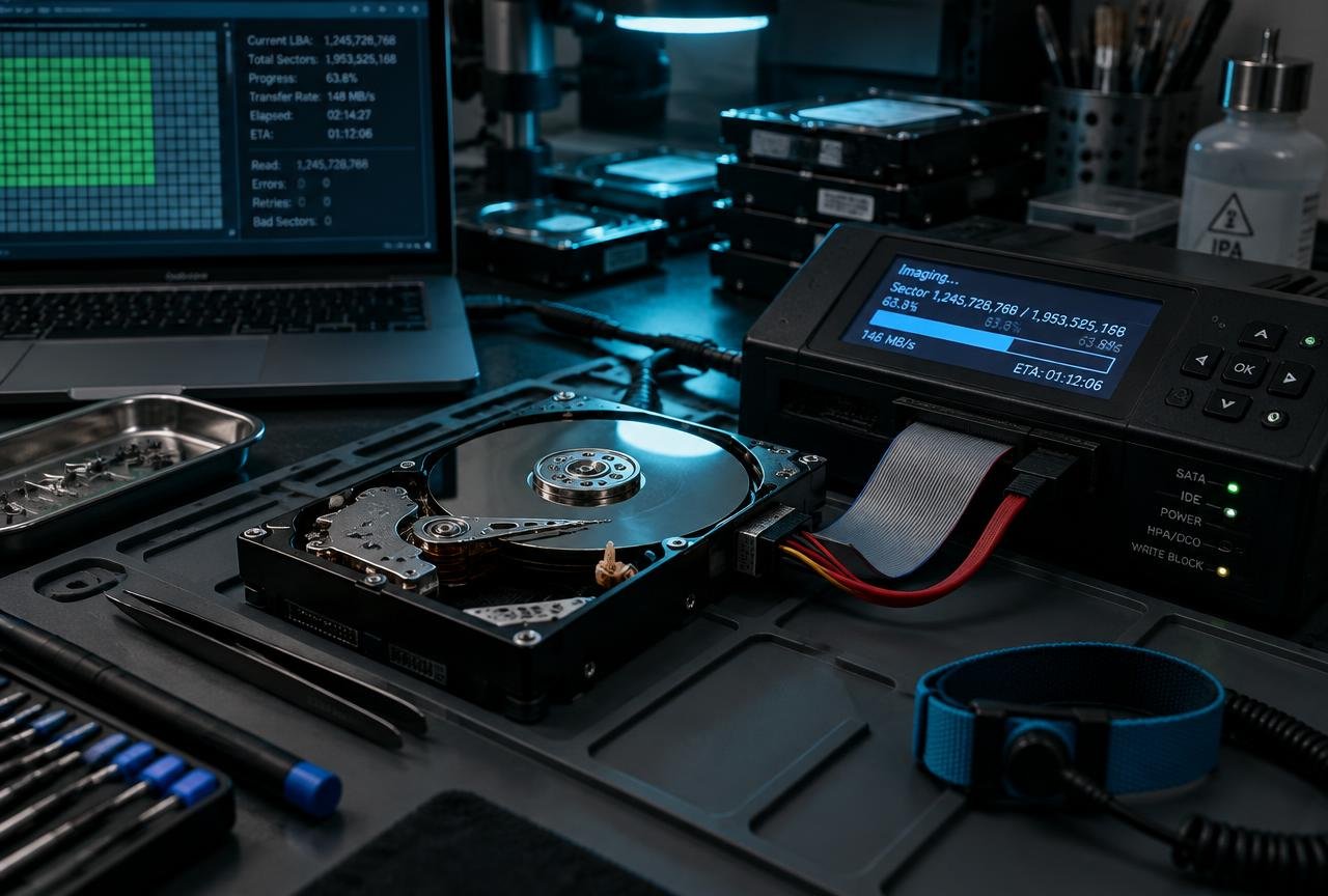 Bare hard drive connected to a write-blocked forensic imaging unit on an anti-static bench, sector progress shown on a laptop