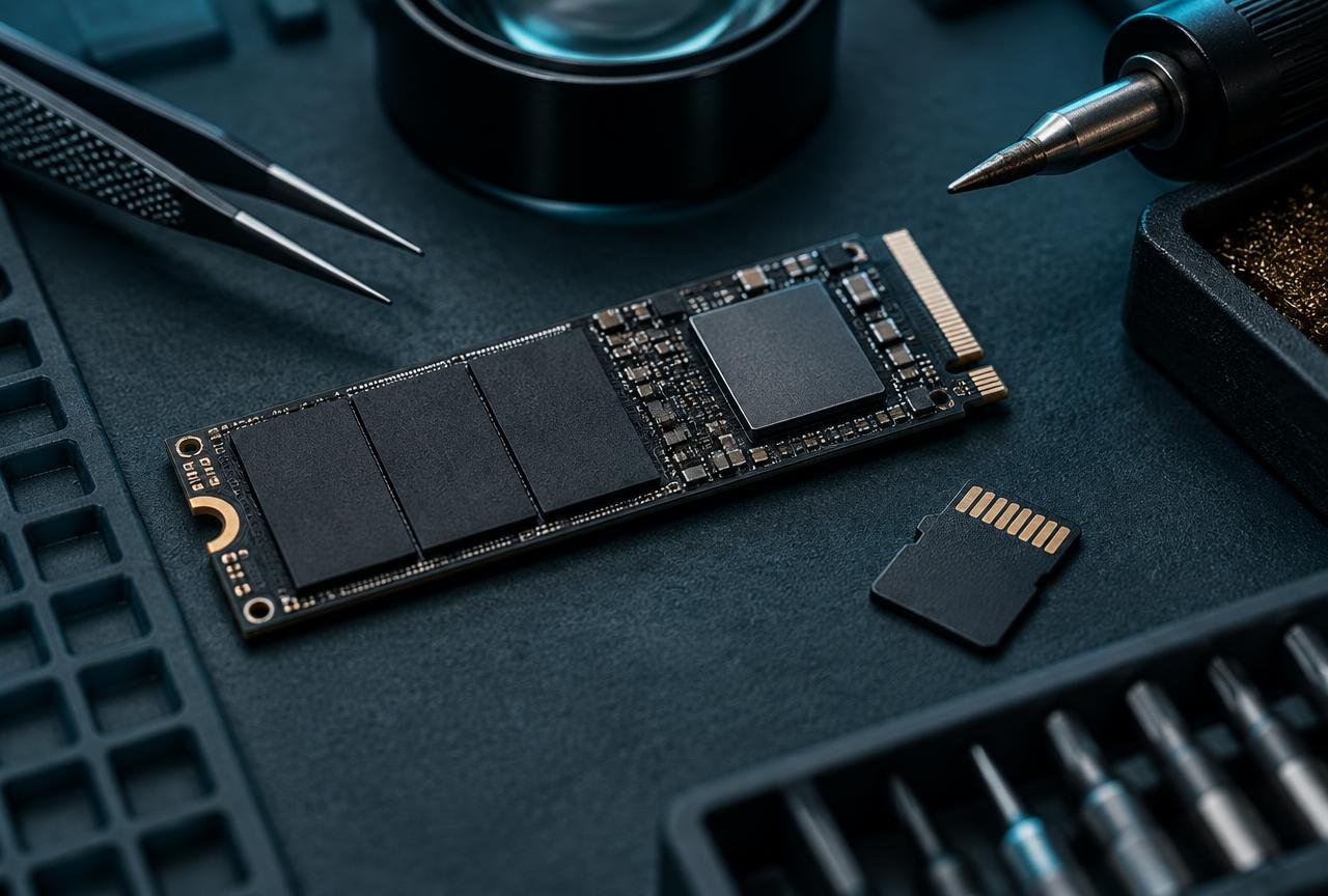 M.2 NVMe solid state drive and a microSD card beside precision tweezers and a soldering iron on a bench mat